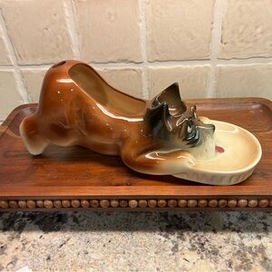 MCM ceramic dog caddy, McCoy pottery "swank" Boxer Bulldog dog valet tray